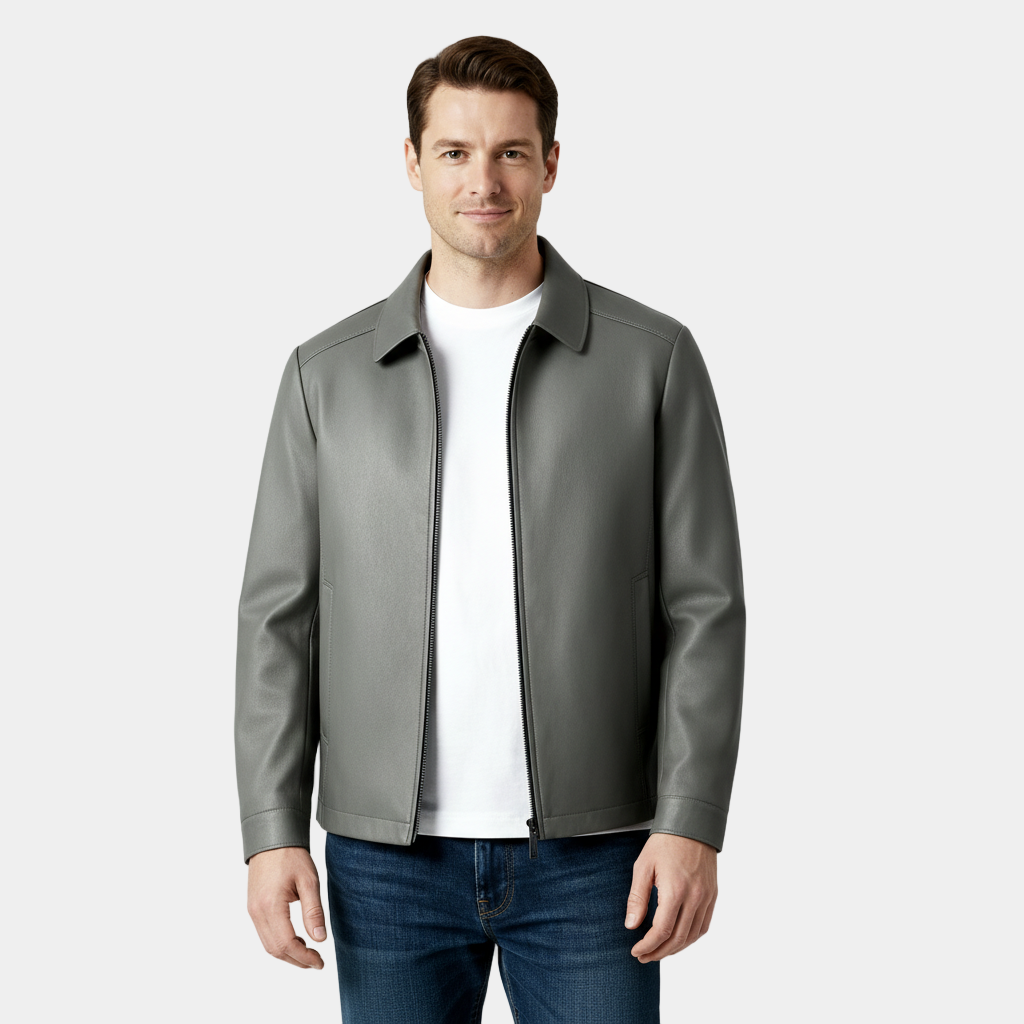 Men’s Leather Zip Harrington Jacket – Classic Collar