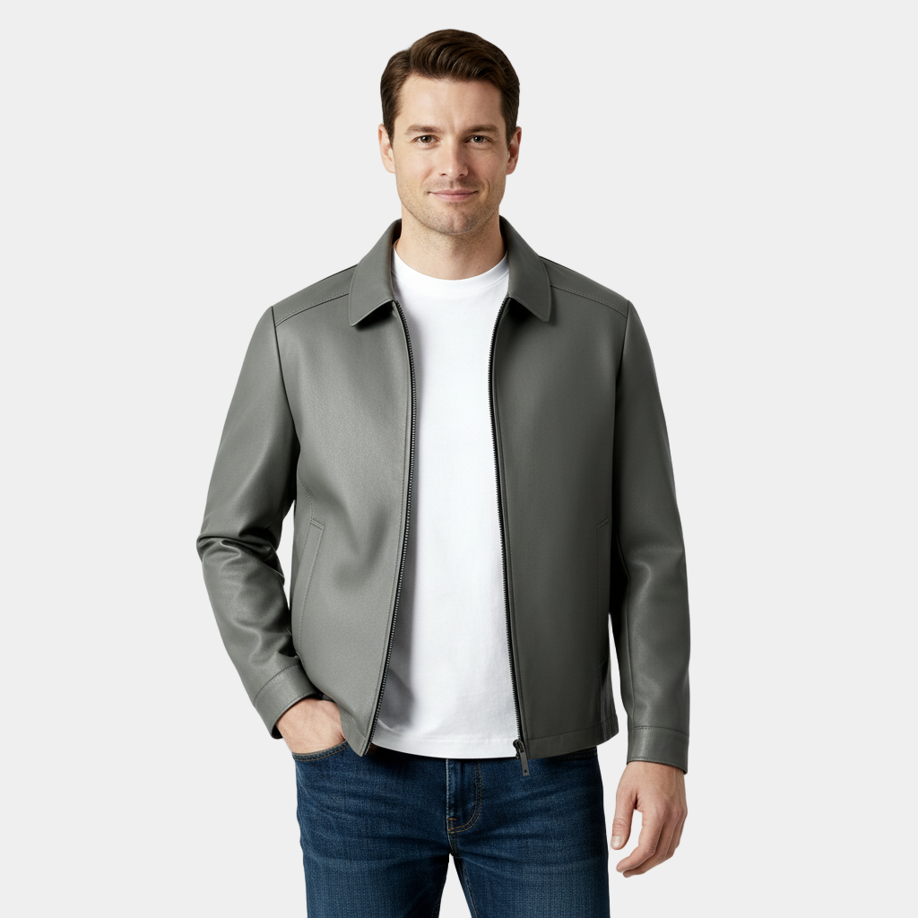 Men’s Leather Zip Harrington Jacket – Classic Collar
