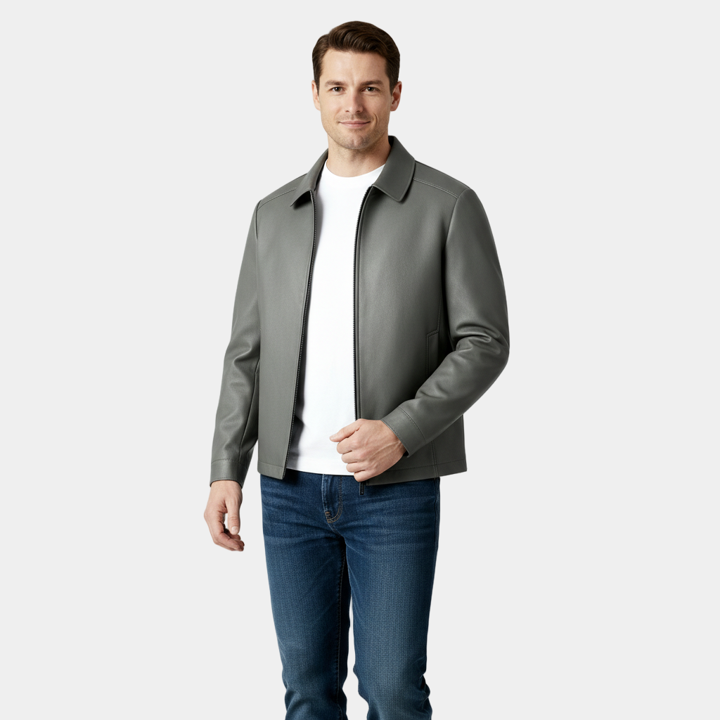 Men’s Leather Zip Harrington Jacket – Classic Collar