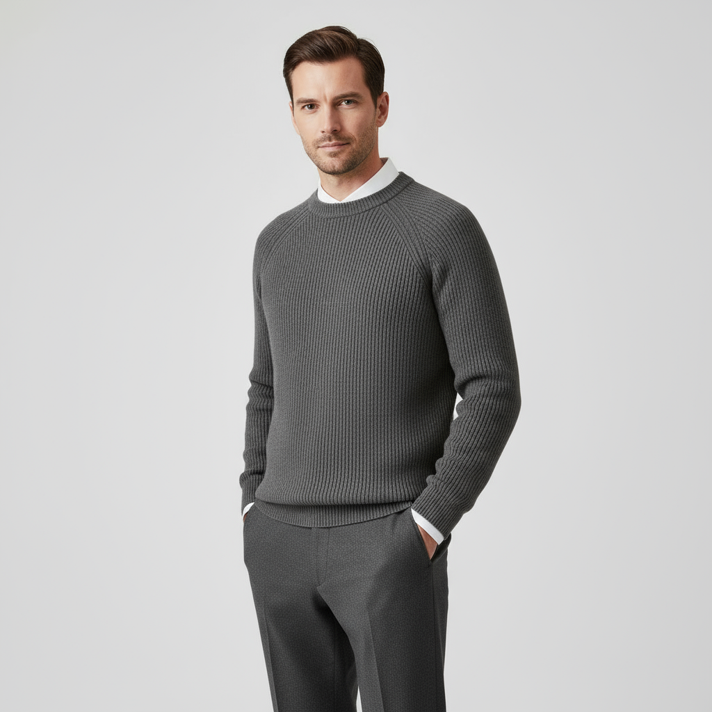 Men’s Merino Crew Neck Sweater – Raglan Sleeve Rib-Knit Jumper