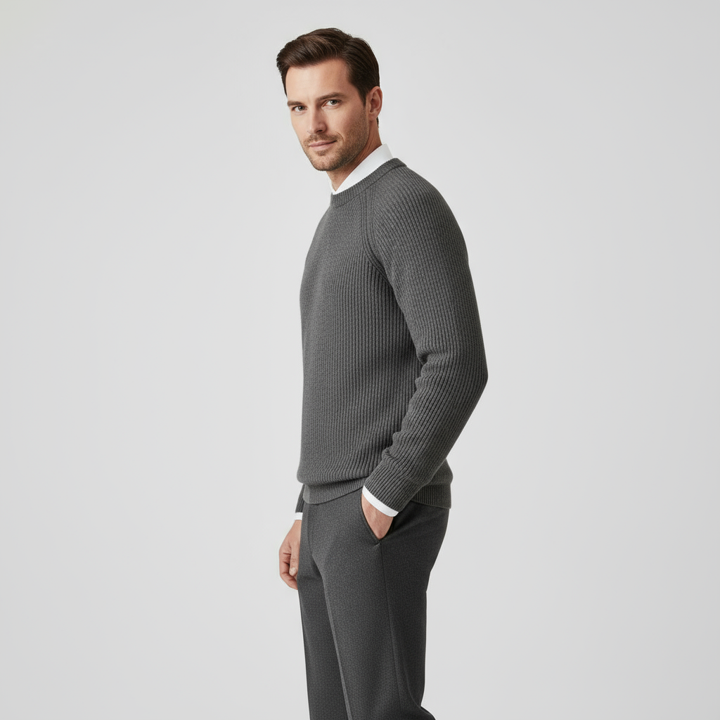 Men’s Merino Crew Neck Sweater – Raglan Sleeve Rib-Knit Jumper