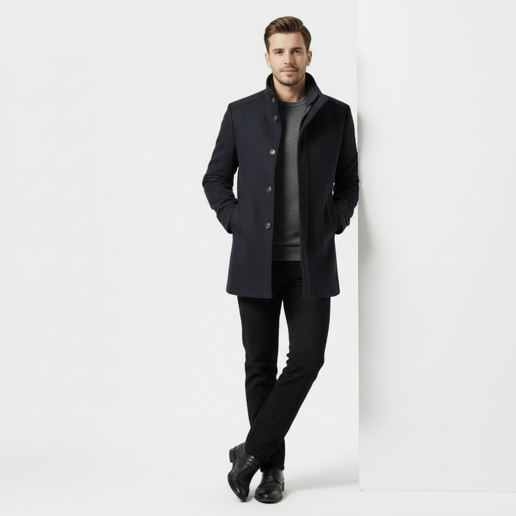 Men’s Wool-Blend Stand-Collar Coat - Removable Padded Vest