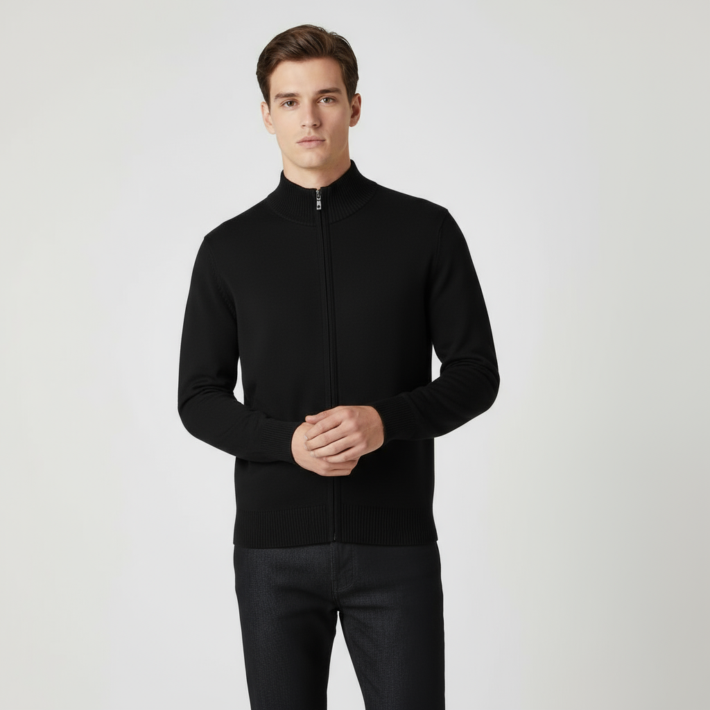 Men’s Long-Sleeve Knit Cardigan with Full-Length Zipper and Ribbed Trim