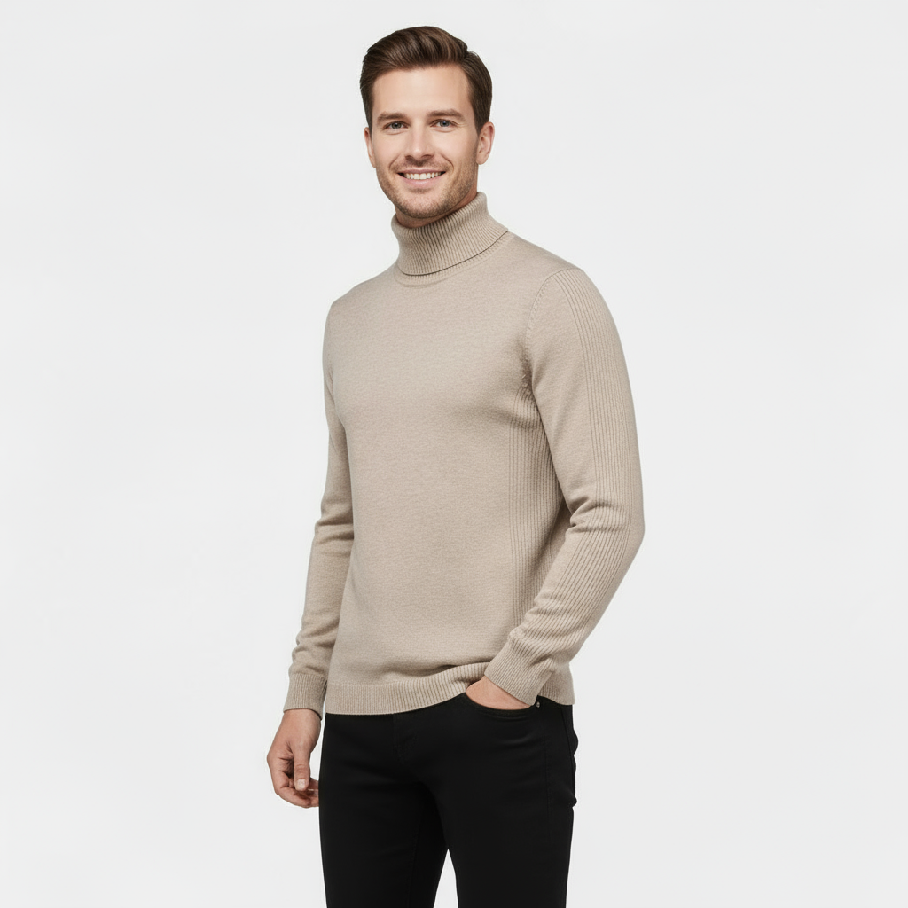 Men’s Ribbed Cotton-Blend Turtleneck Sweater – Slim Fit Knit Jumper with Stretch