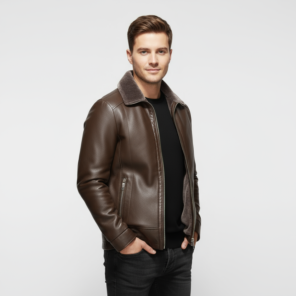 Men’s Leather Biker Jacket with Fur Collar