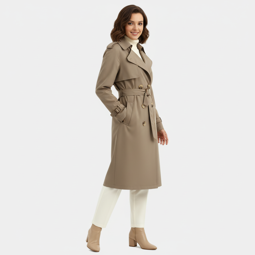 Women's Double-Breasted Trench Coat - Long Belted Overcoat