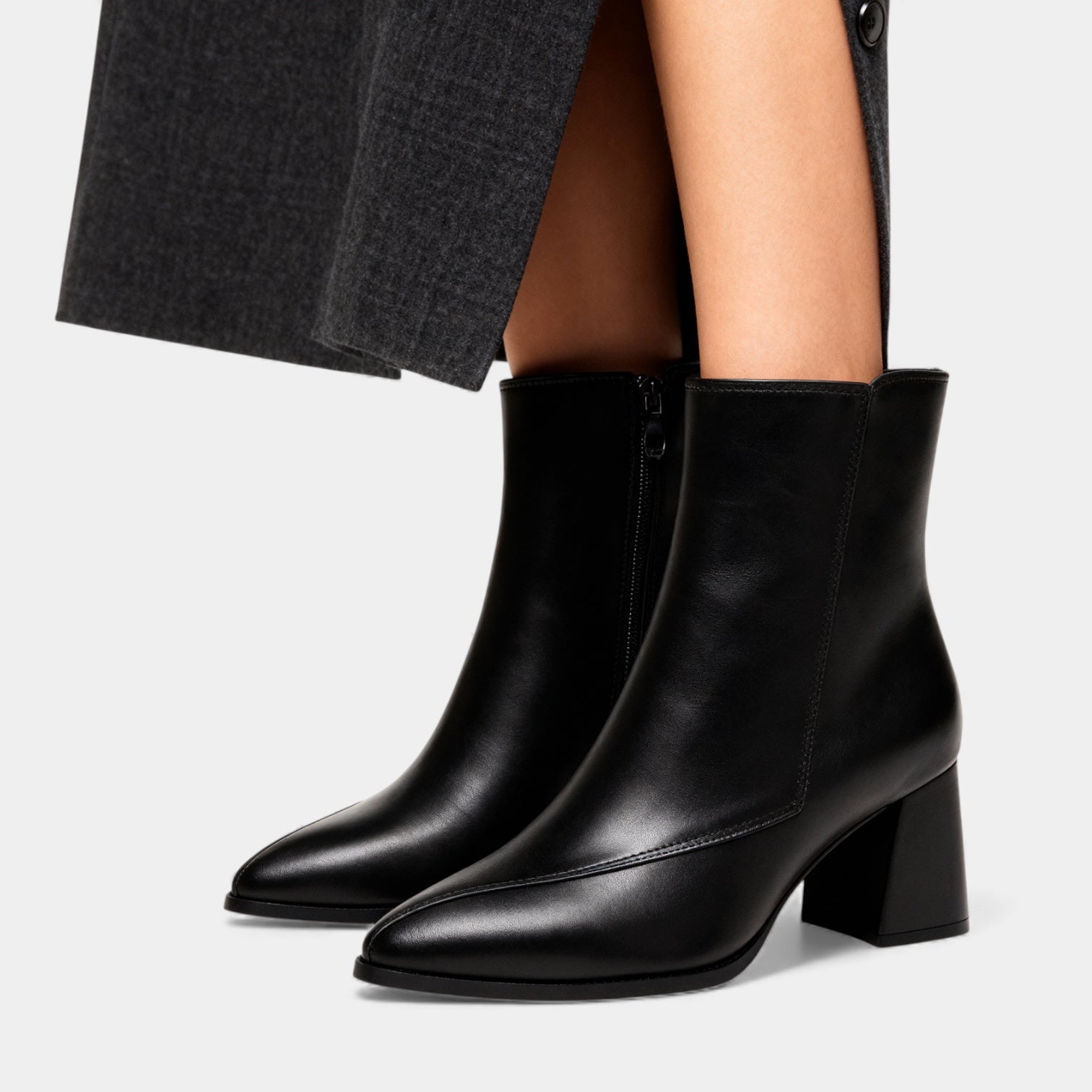 Women’s Pointed Toe Faux Leather Ankle Boots – Block Heel, Side Zip