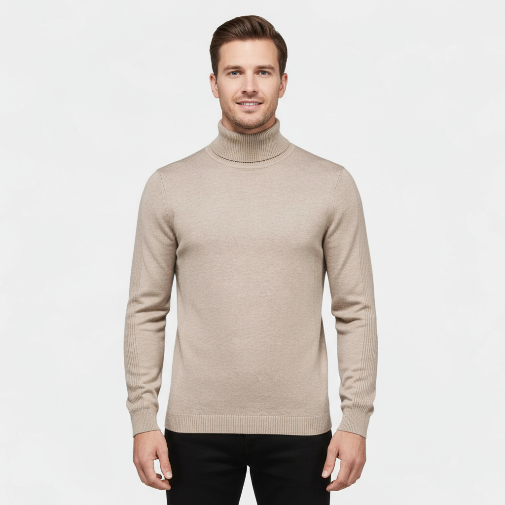Men’s Ribbed Cotton-Blend Turtleneck Sweater – Slim Fit Knit Jumper with Stretch