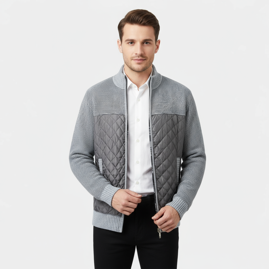 Men’s Hybrid Quilted Knit Jacket – Marled Knit and Nylon Zip Jacket