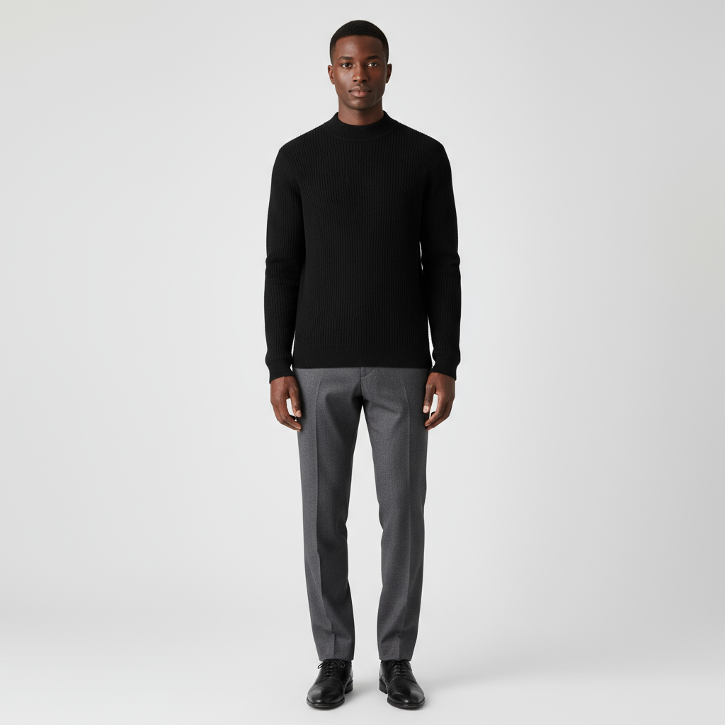 Men's Merino Half-High Mock Neck Knit Jumper with Ribbed Trims