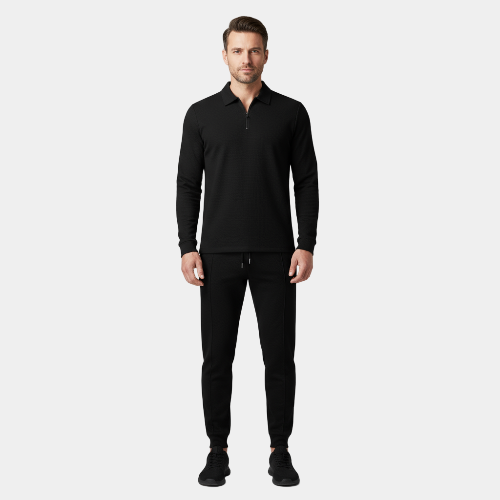 Men’s Cotton-Blend Tracksuit Set – Zip-Polo Top and Tapered Joggers