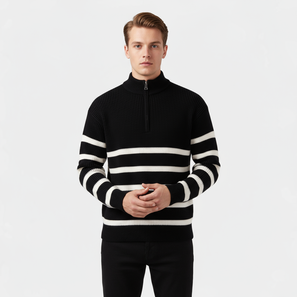 Men’s Striped Quarter Zip Sweater - Ribbed Knit Pullover