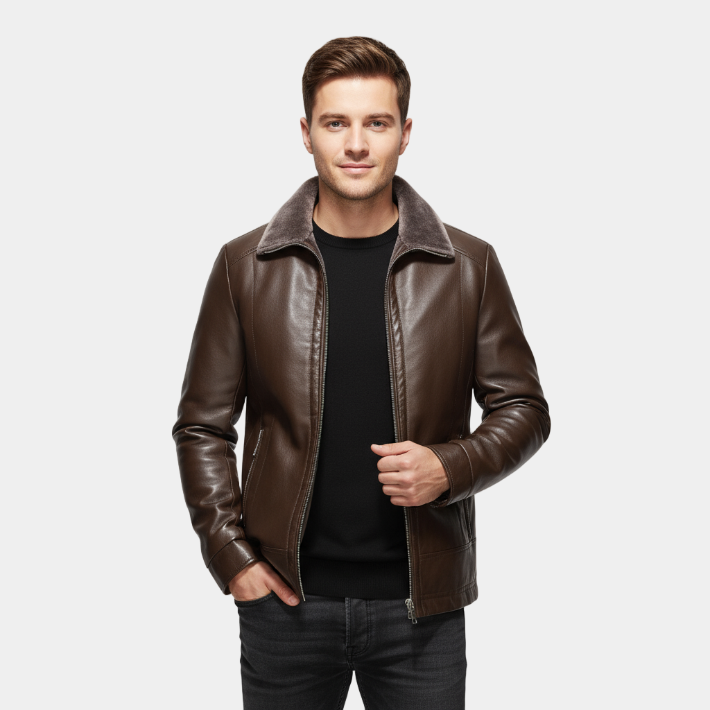 Men’s Leather Biker Jacket with Fur Collar