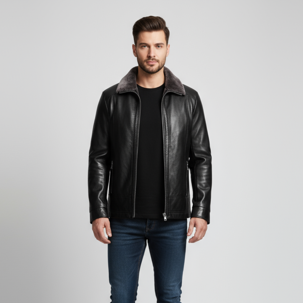 Men’s Leather Biker Jacket with Fur Collar