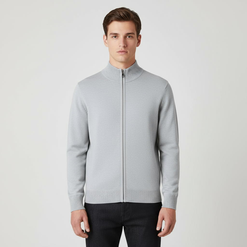 Men’s Long-Sleeve Knit Cardigan with Full-Length Zipper and Ribbed Trim