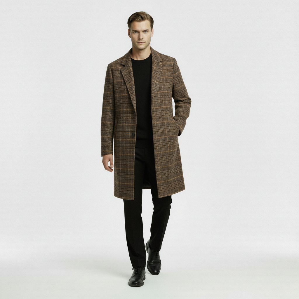Men’s Wool-Blend Checked Overcoat – Plaid Winter Coat