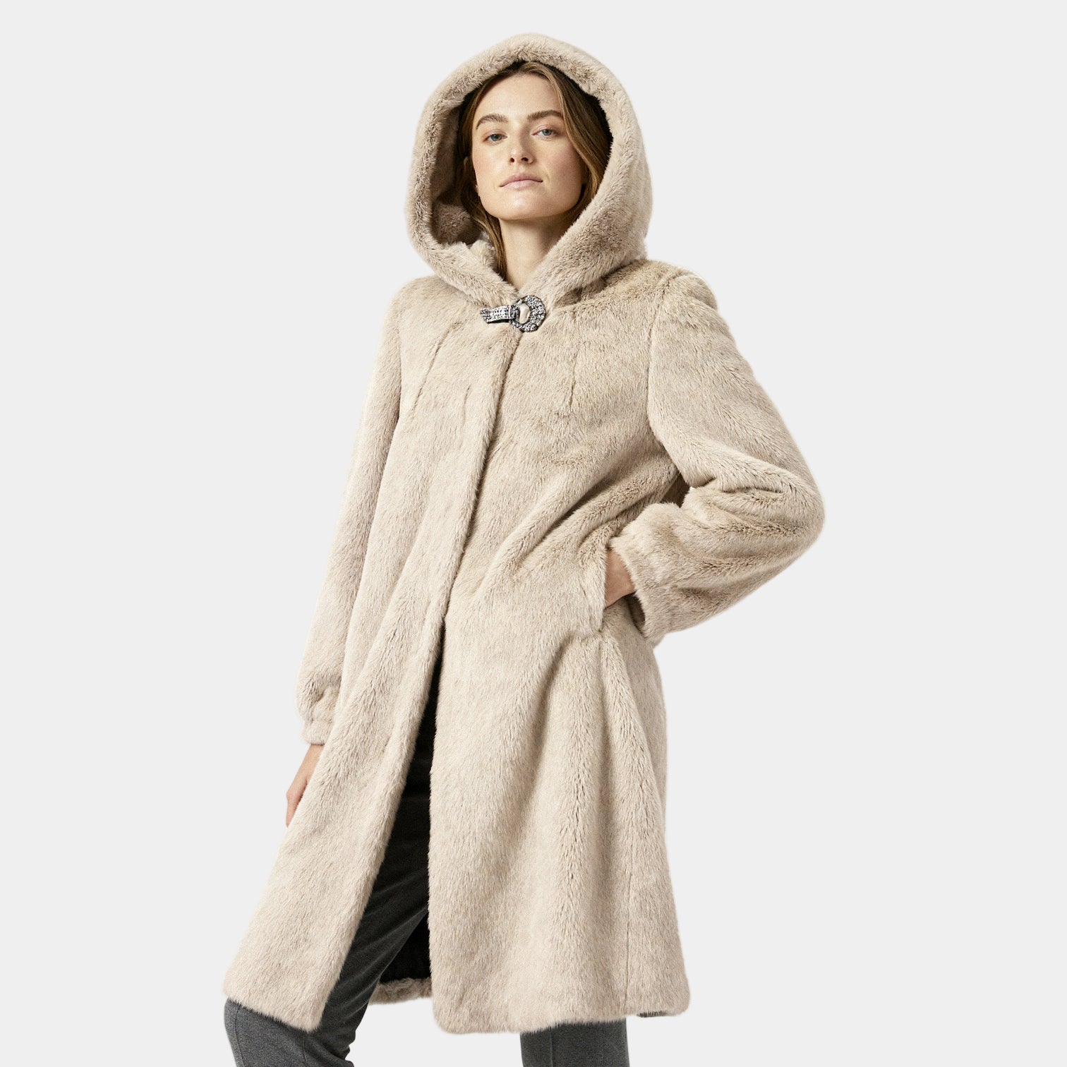 Women's Faux Mink Fur Long Coat - Hooded