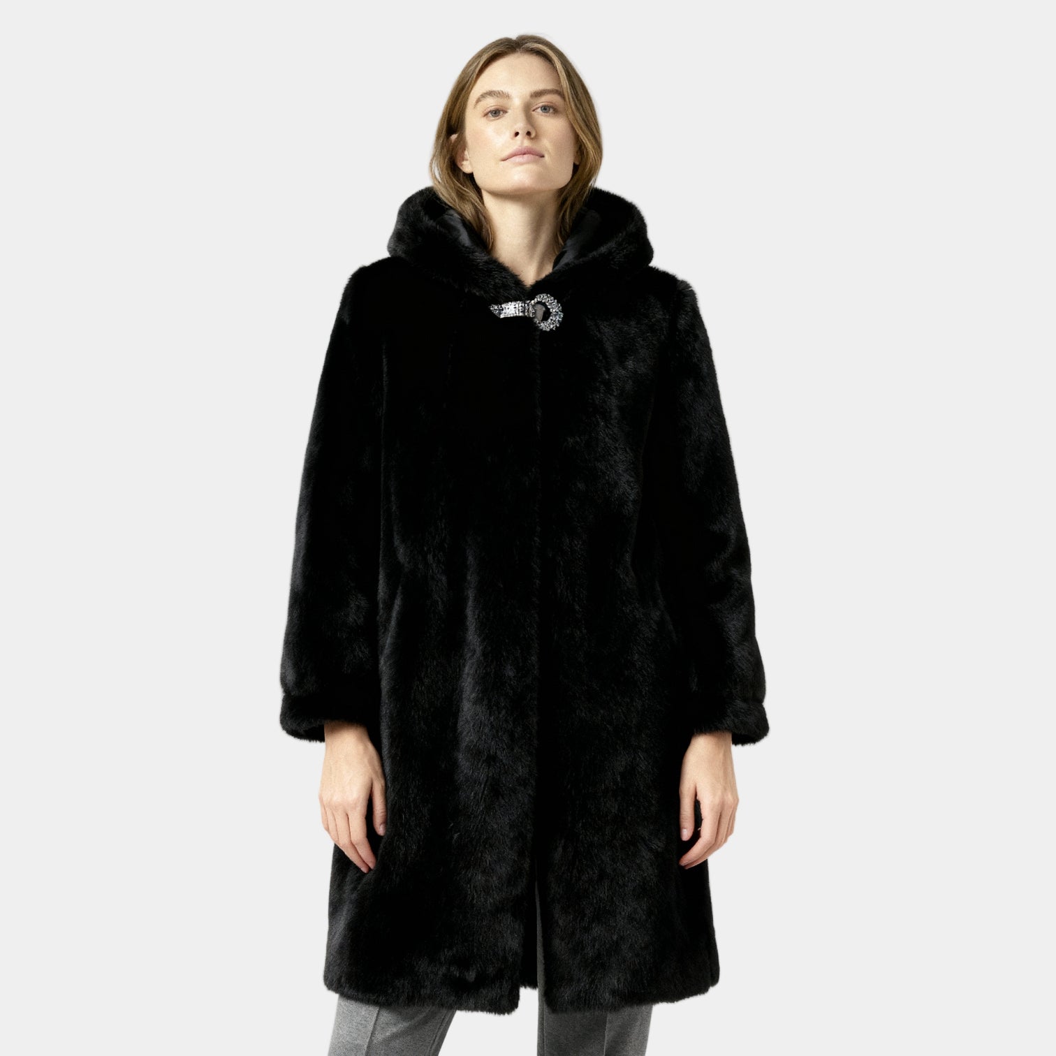 Women's Faux Mink Fur Long Coat - Hooded