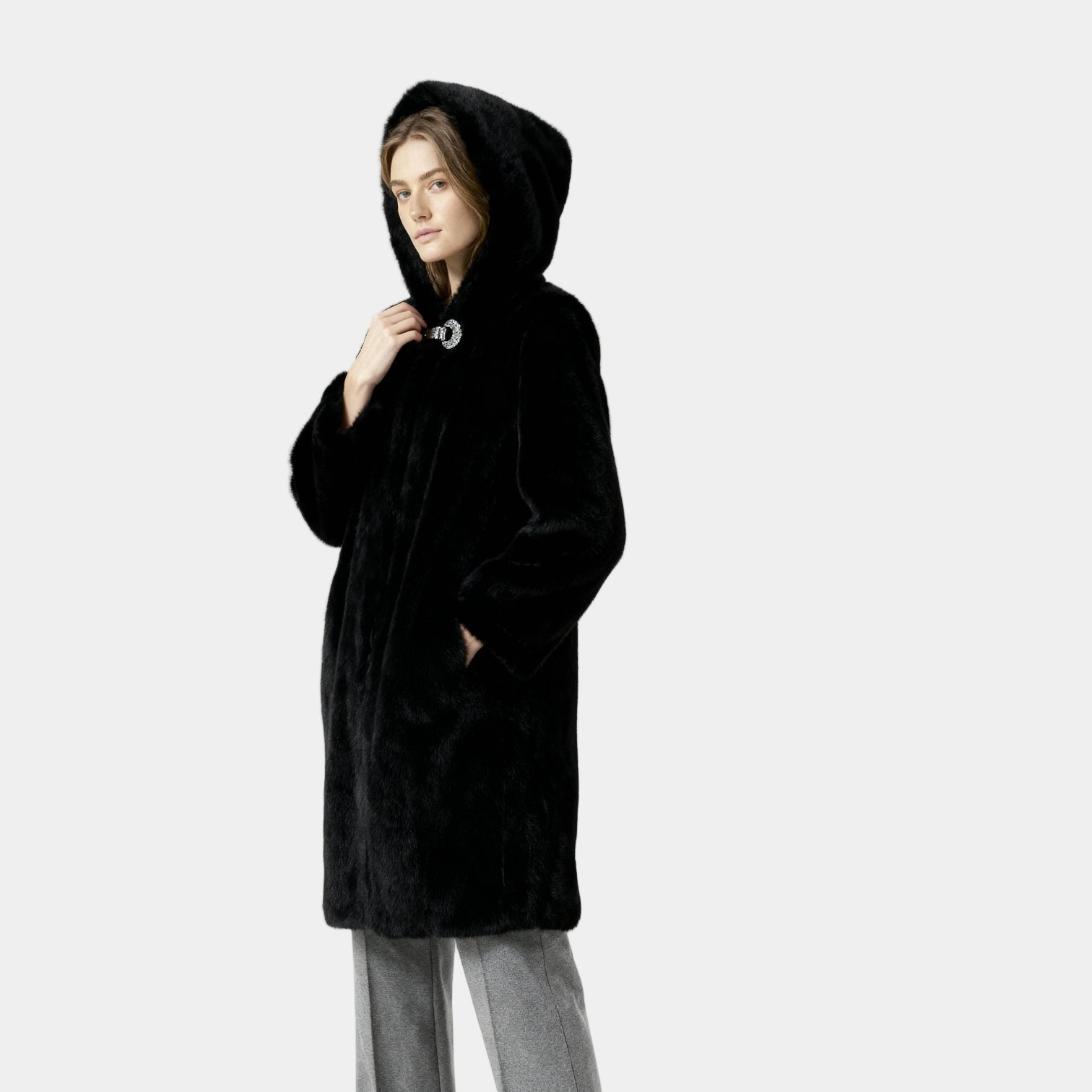 Women's Faux Mink Fur Long Coat - Hooded