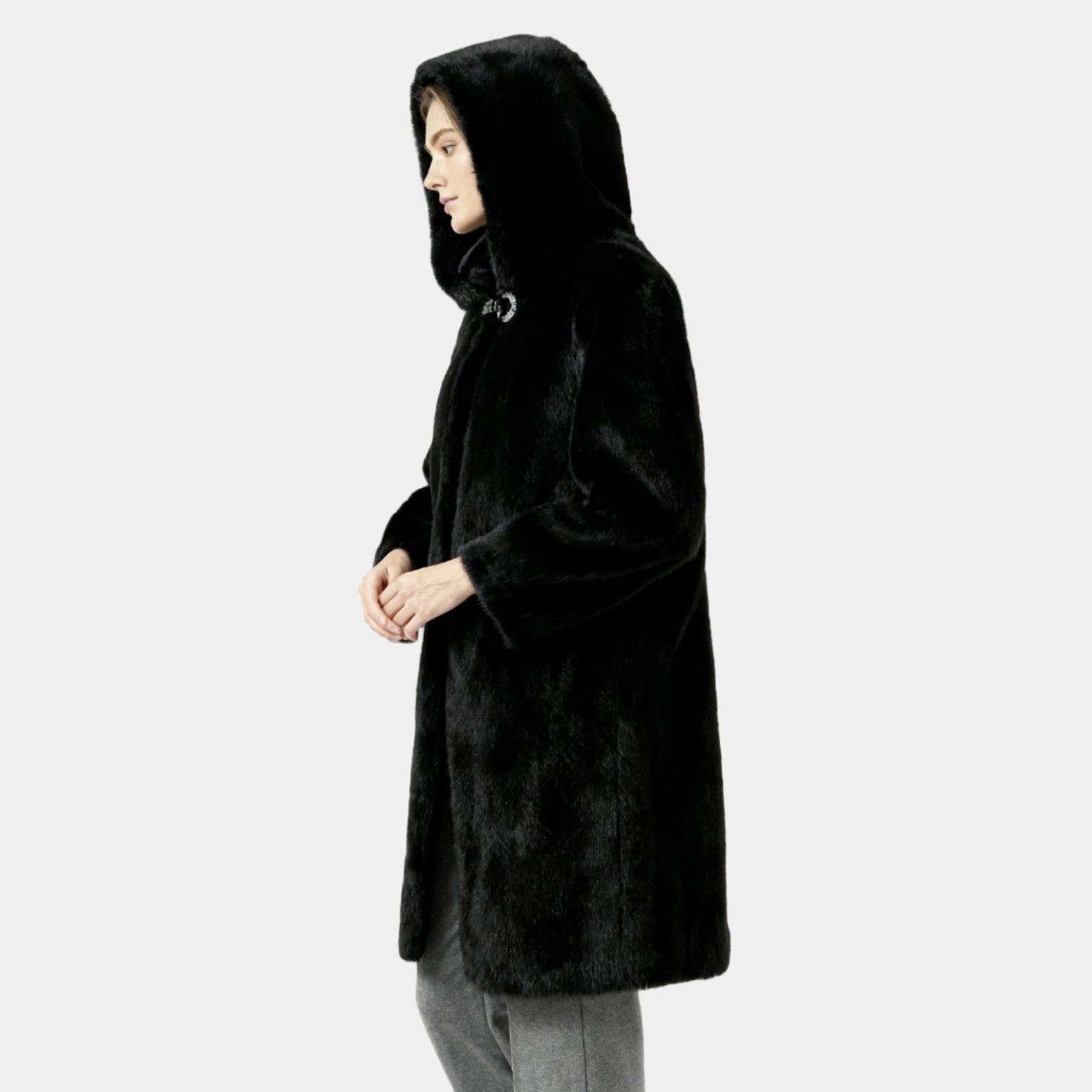 Women's Faux Mink Fur Long Coat - Hooded