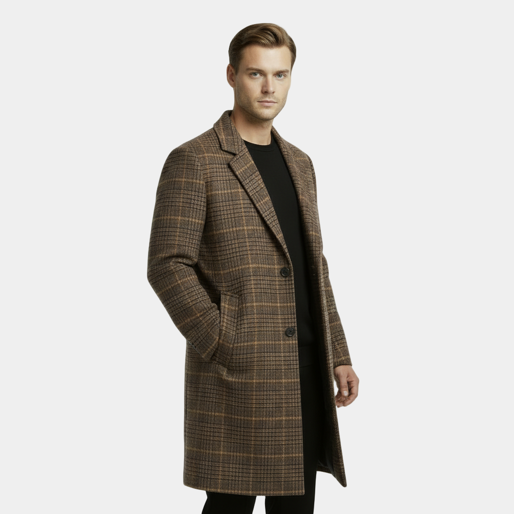 Men’s Wool-Blend Checked Overcoat – Plaid Winter Coat