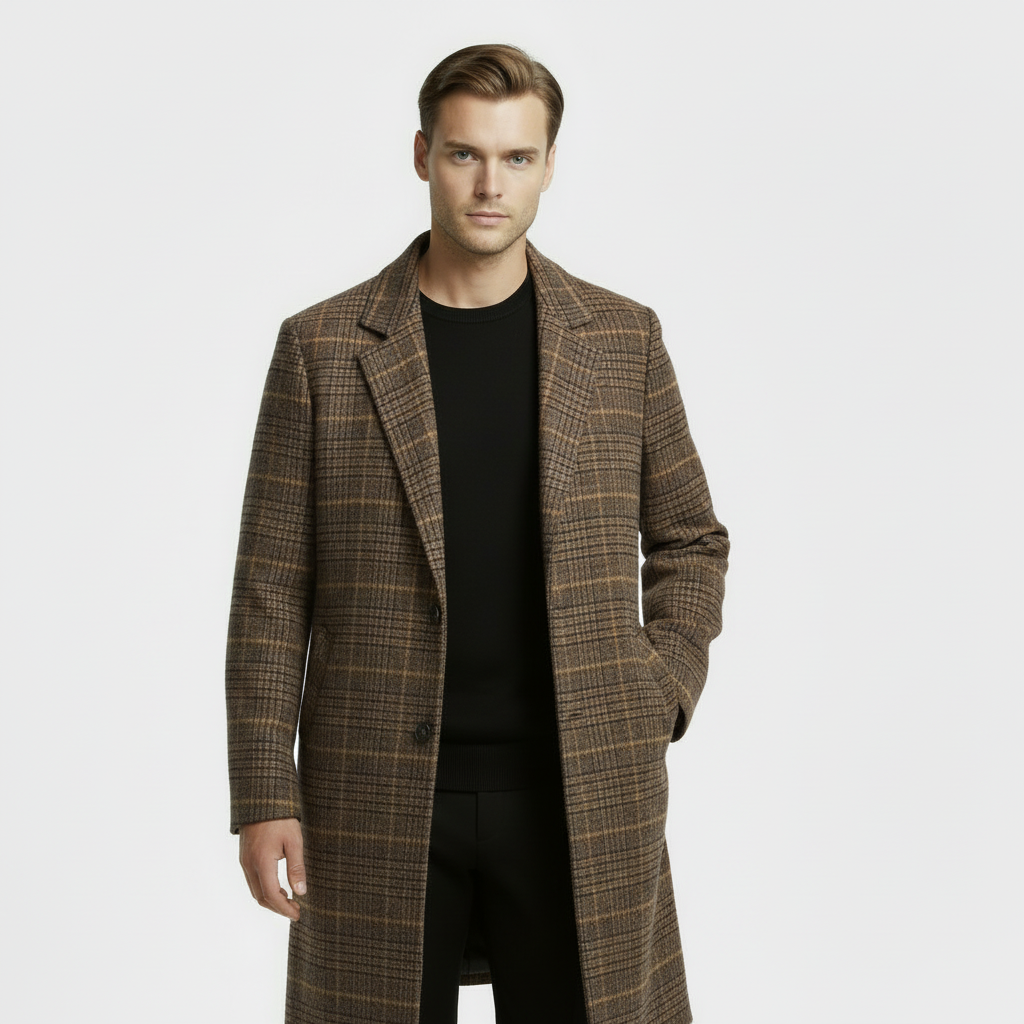 Men’s Wool-Blend Checked Overcoat – Plaid Winter Coat