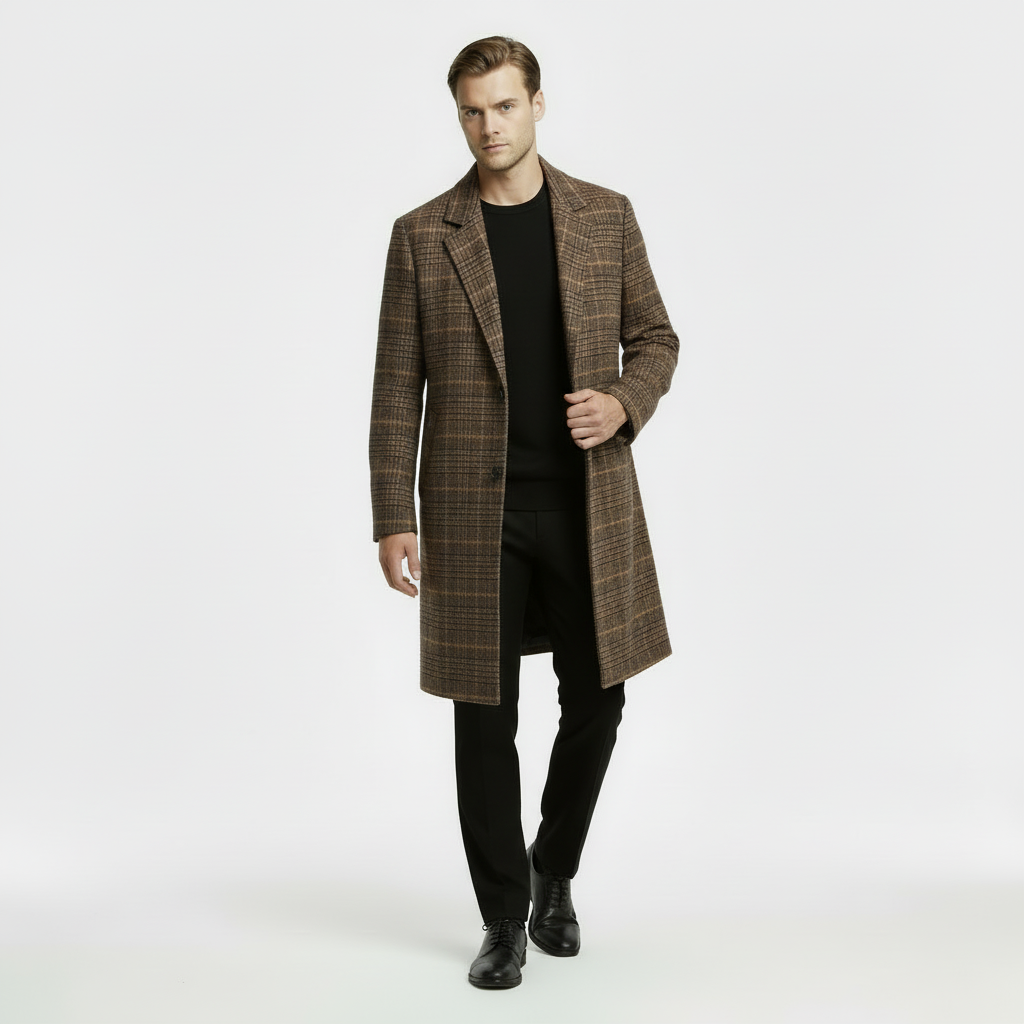 Men’s Wool-Blend Checked Overcoat – Plaid Winter Coat