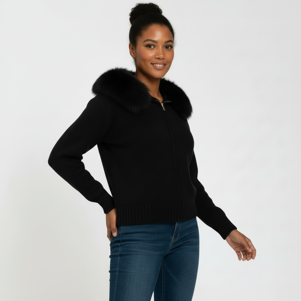 Women’s Hooded Faux-Fur Zip Cardigan – Soft Knit Jacket