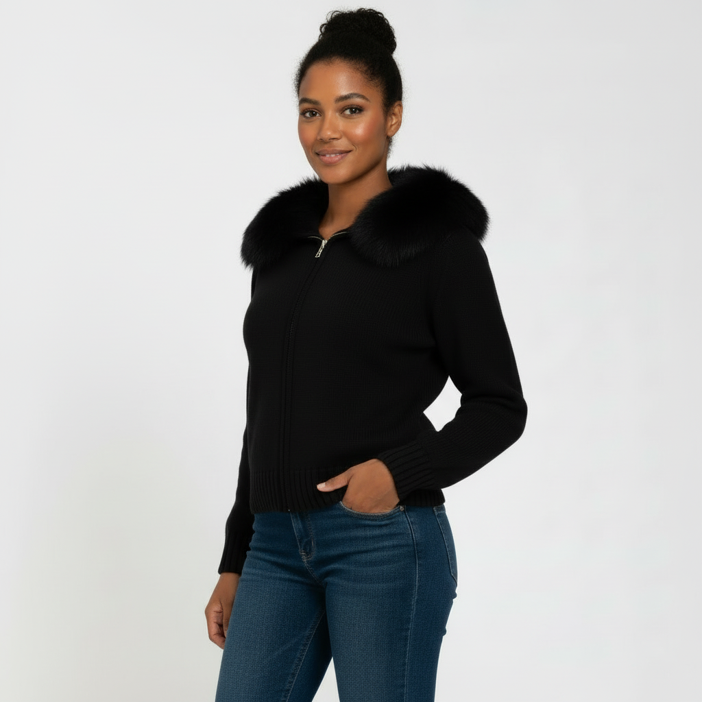 Women’s Hooded Faux-Fur Zip Cardigan – Soft Knit Jacket