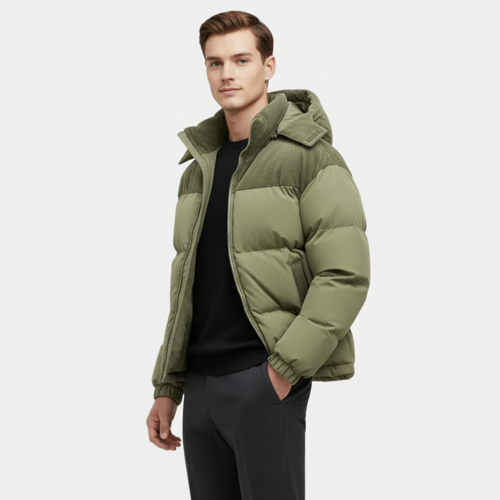 Men’s Corduroy-Trim Puffer Jacket – Detachable Hood