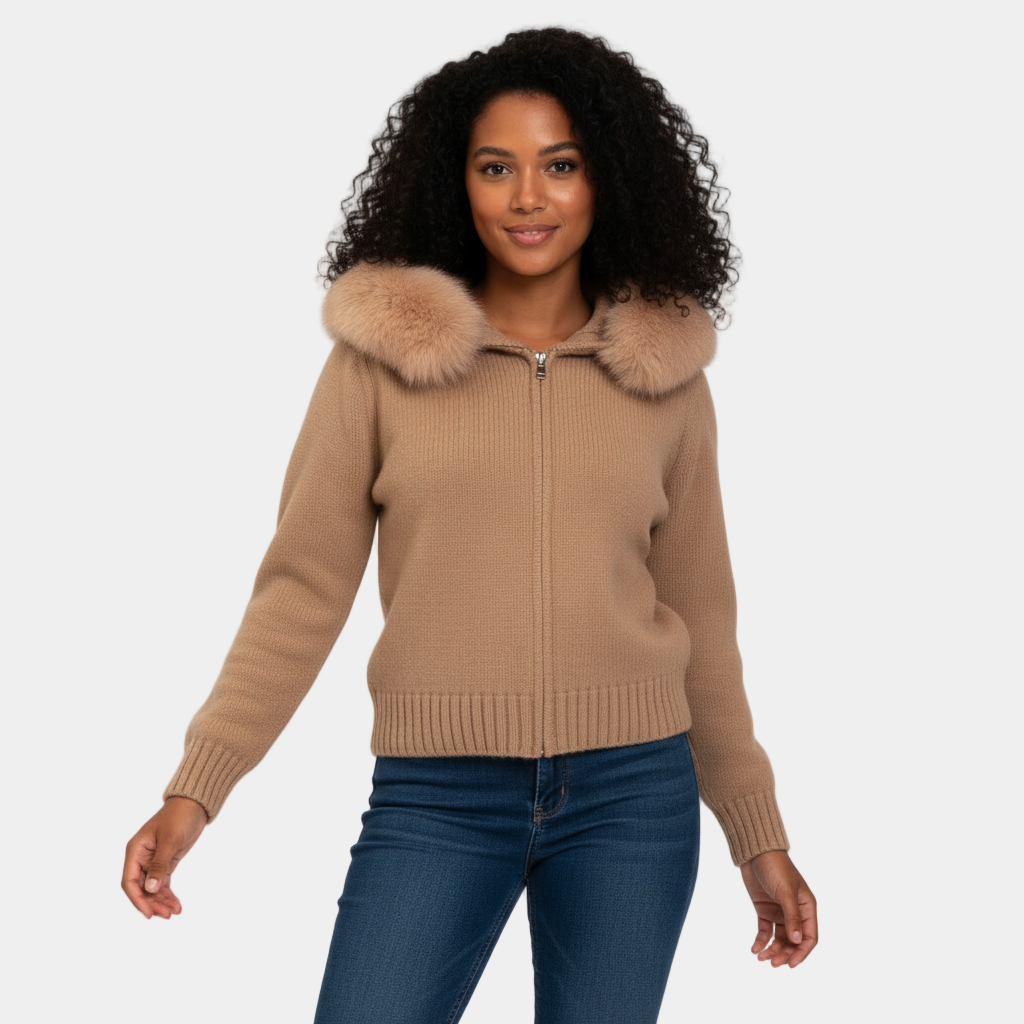 Women’s Hooded Faux-Fur Zip Cardigan – Soft Knit Jacket