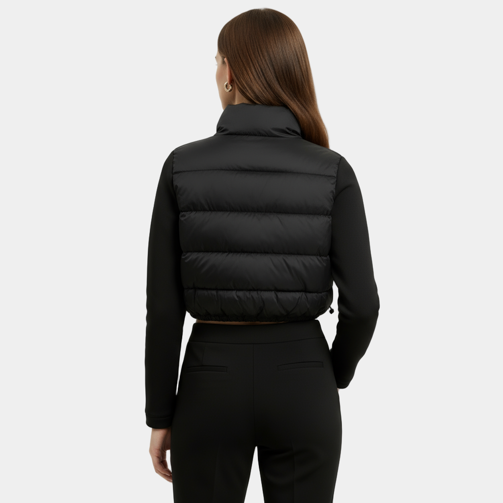 Women’s Short Padded Jacket with Stand Collar and Adjustable Hem Drawcord