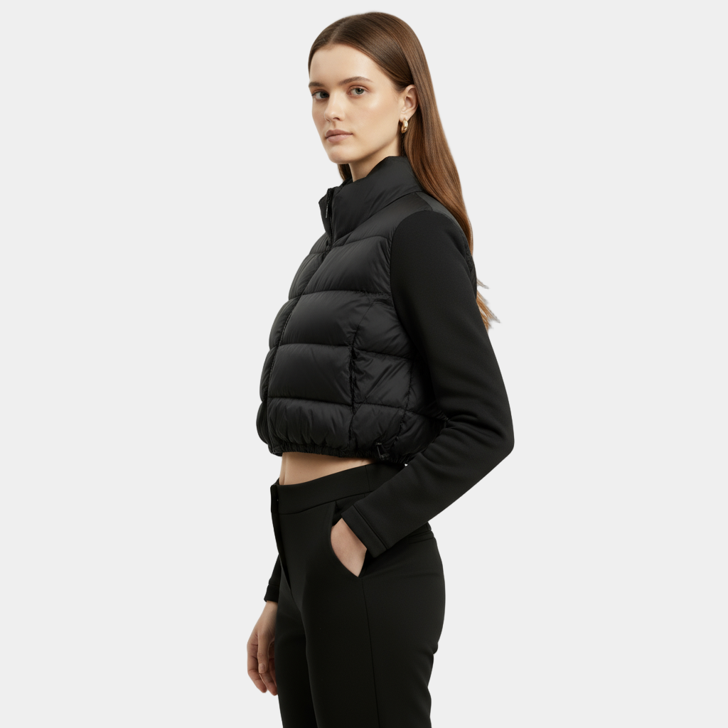 Women’s Short Padded Jacket with Stand Collar and Adjustable Hem Drawcord