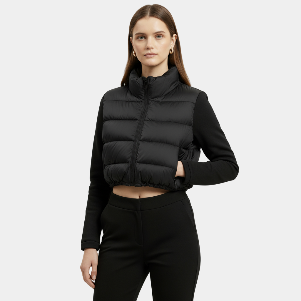 Women’s Short Padded Jacket with Stand Collar and Adjustable Hem Drawcord