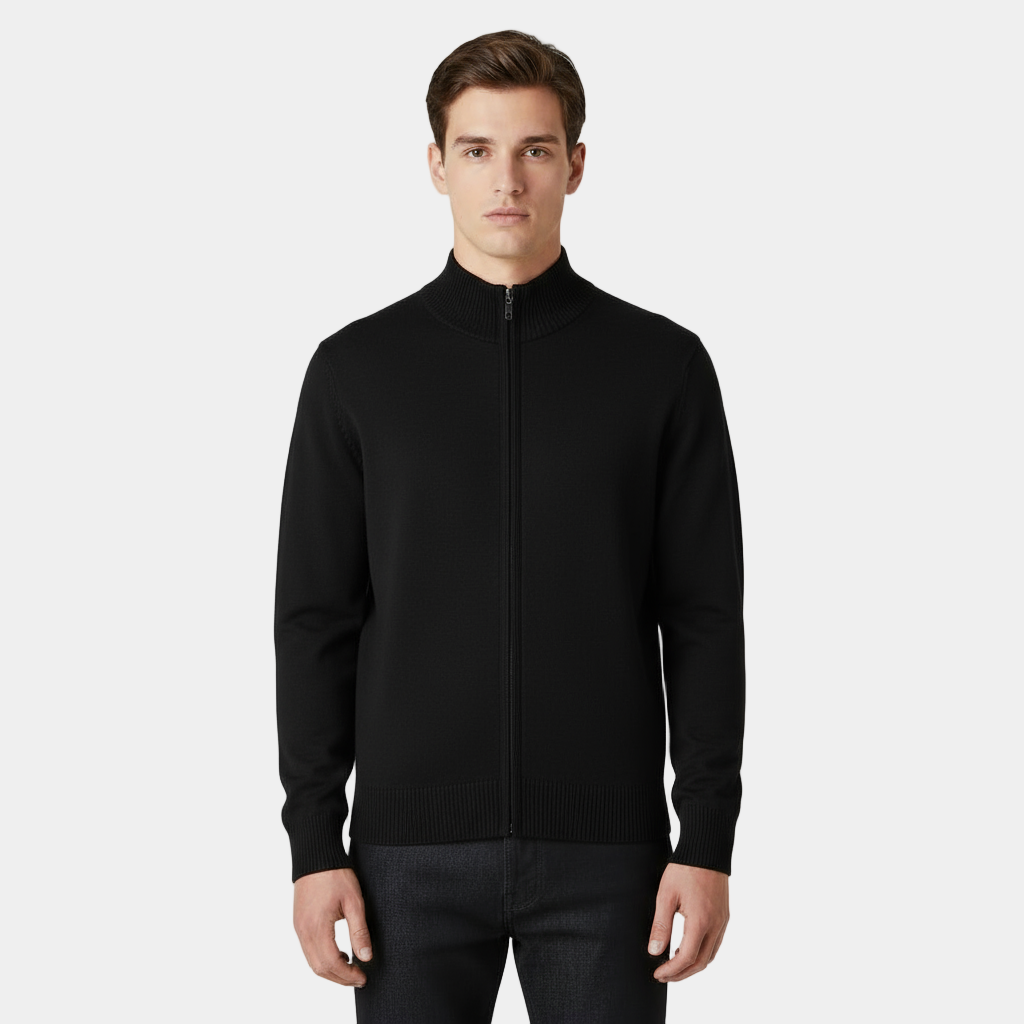 Men’s Long-Sleeve Knit Cardigan with Full-Length Zipper and Ribbed Trim