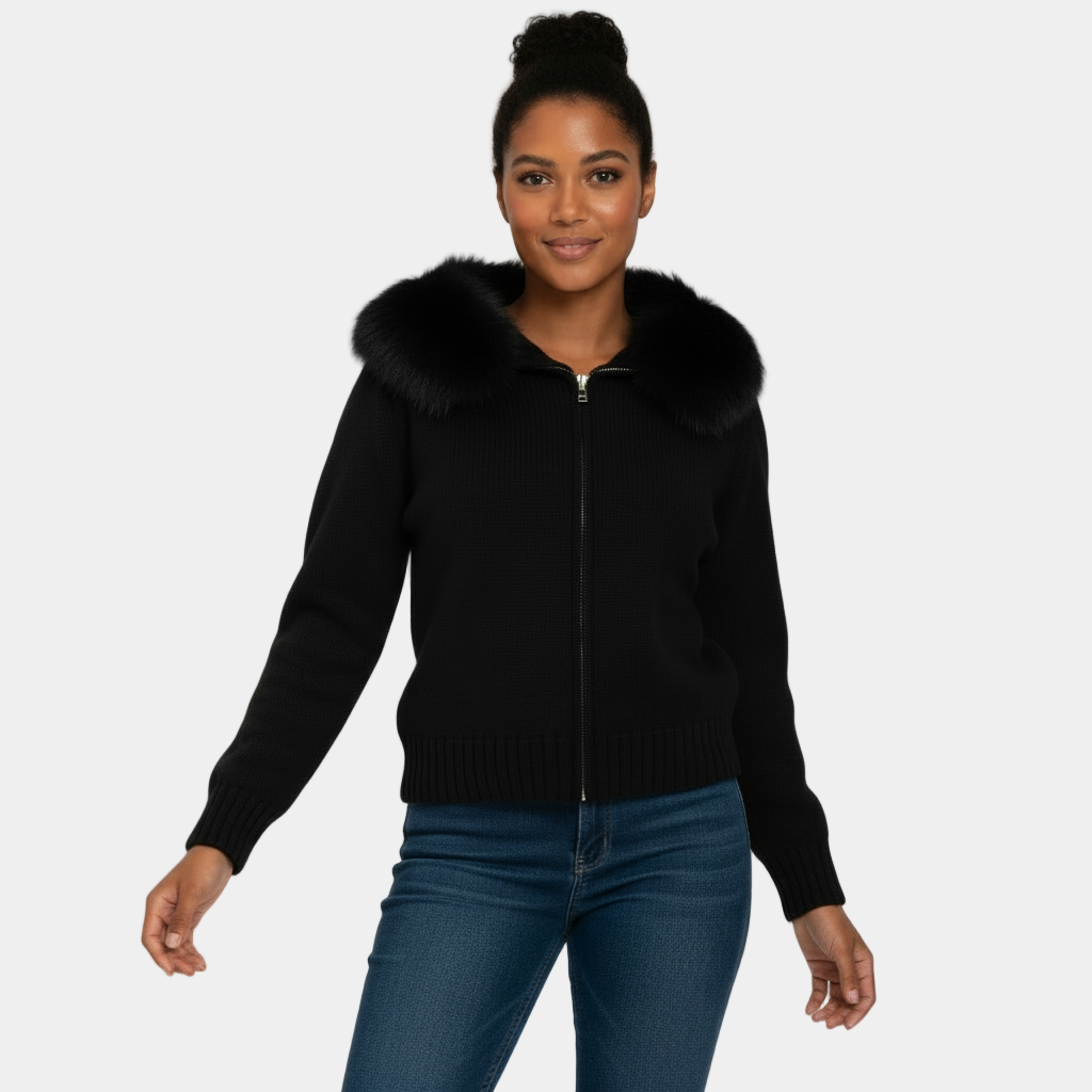 Women’s Hooded Faux-Fur Zip Cardigan – Soft Knit Jacket