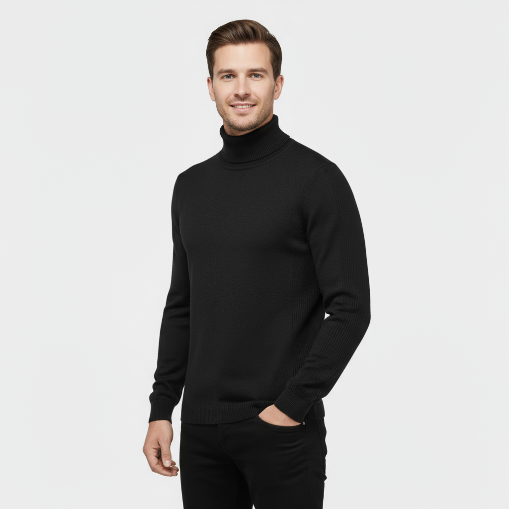 Men’s Ribbed Cotton-Blend Turtleneck Sweater – Slim Fit Knit Jumper with Stretch