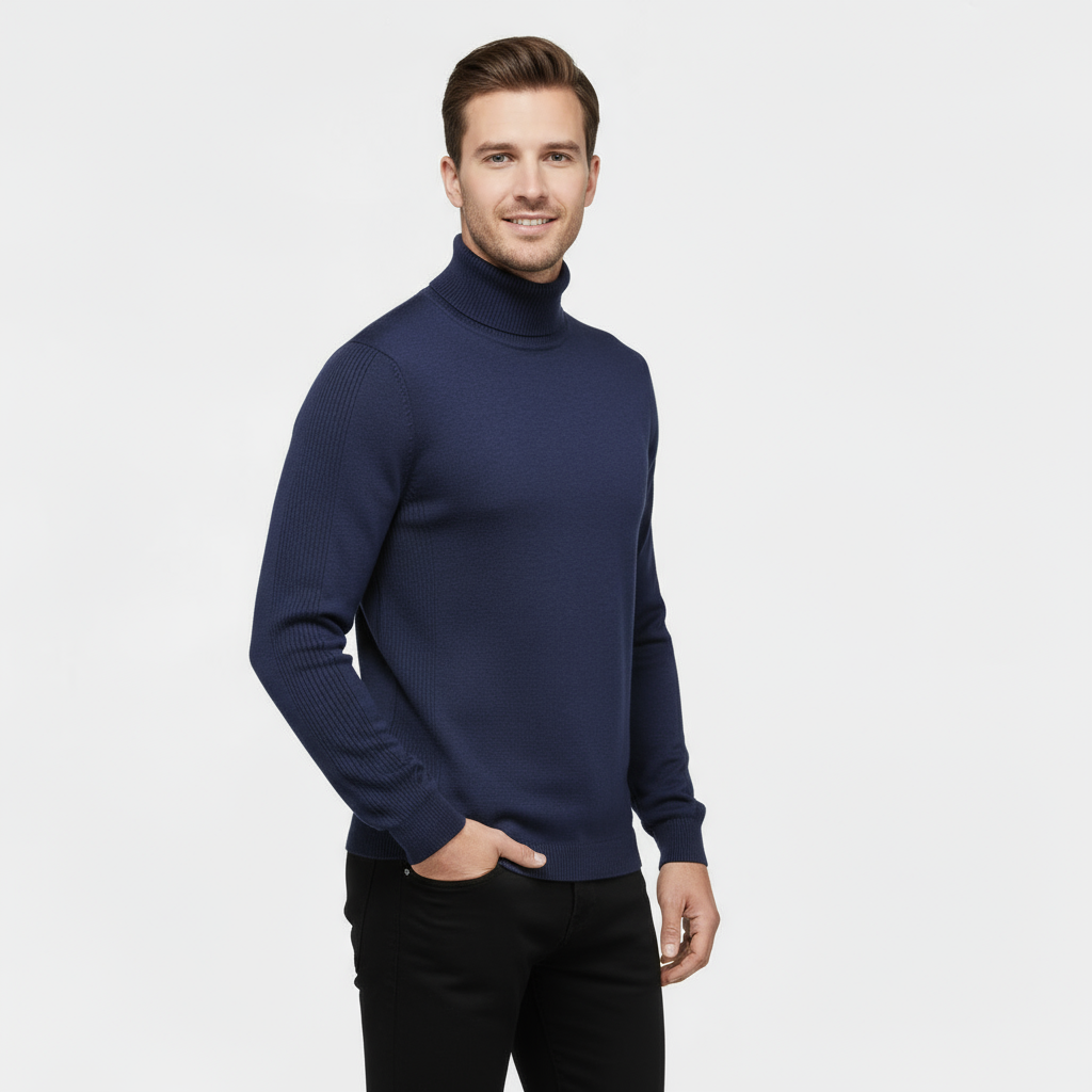 Men’s Ribbed Cotton-Blend Turtleneck Sweater – Slim Fit Knit Jumper with Stretch