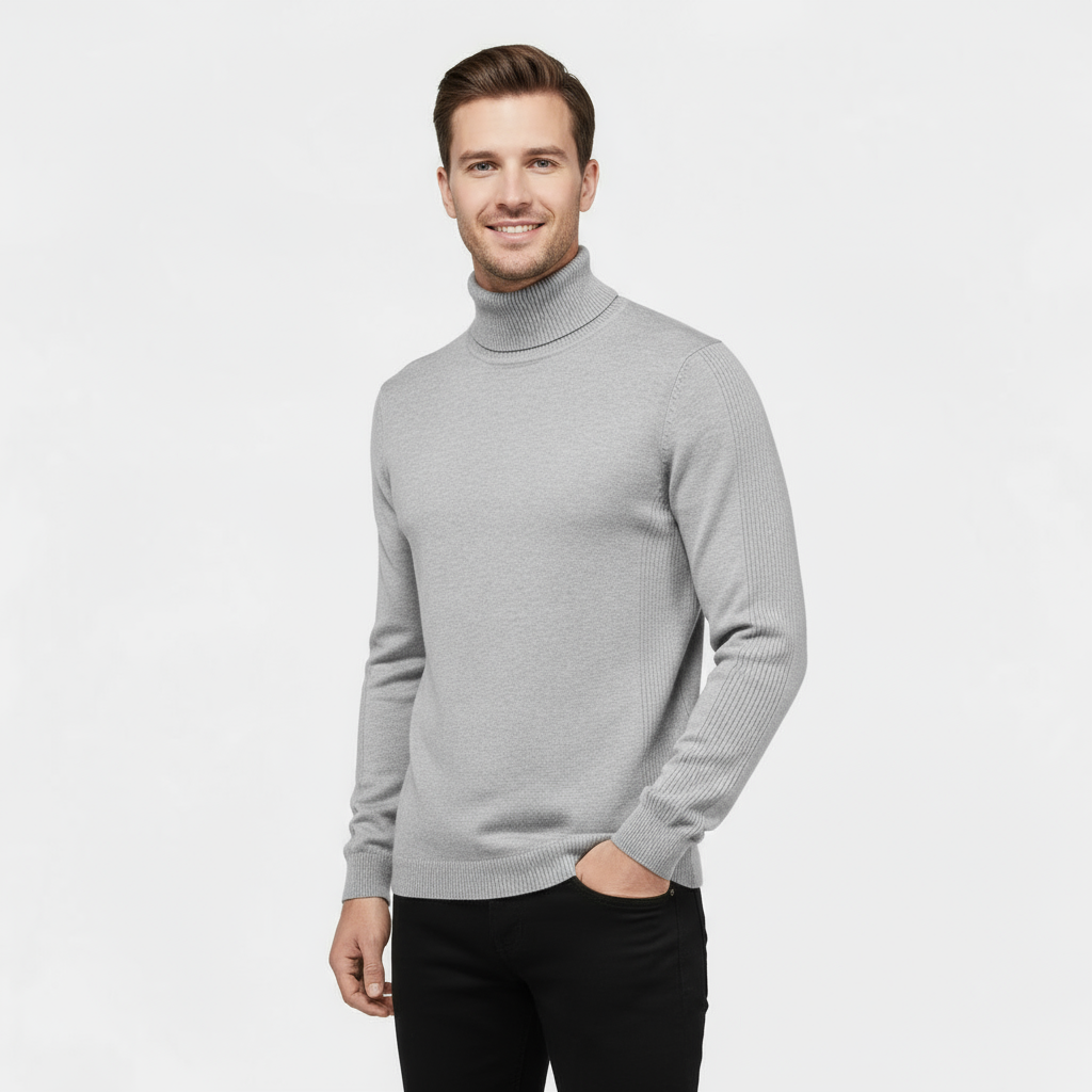 Men’s Ribbed Cotton-Blend Turtleneck Sweater – Slim Fit Knit Jumper with Stretch