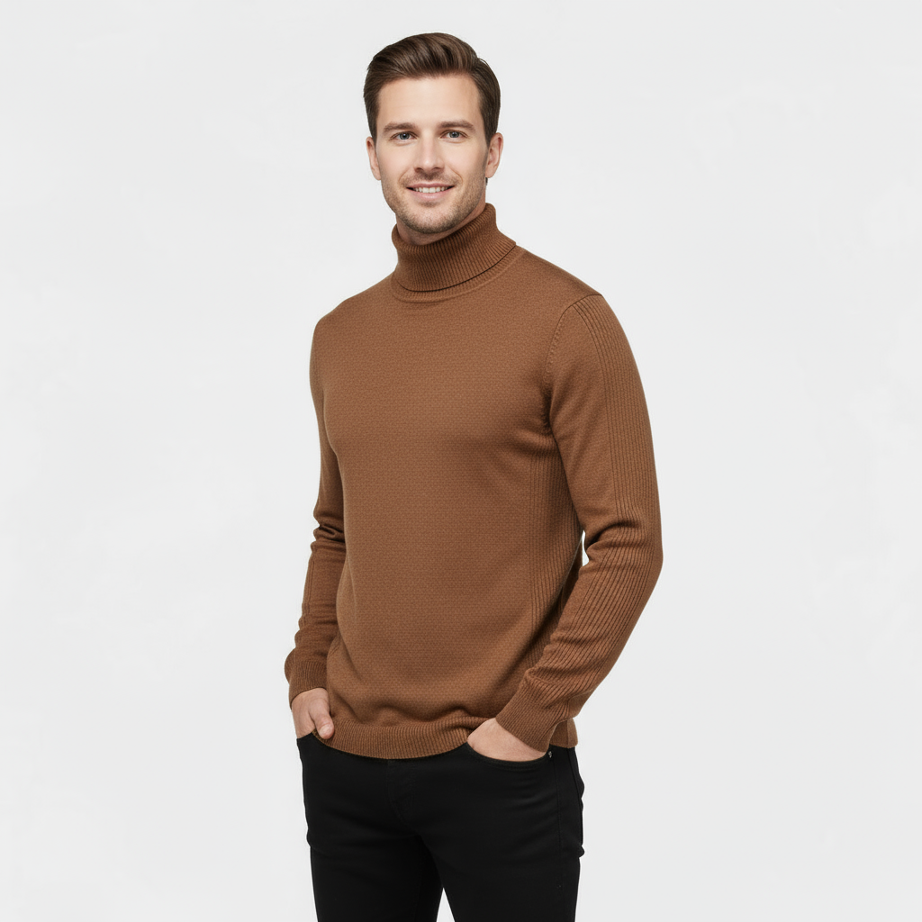 Men’s Ribbed Cotton-Blend Turtleneck Sweater – Slim Fit Knit Jumper with Stretch