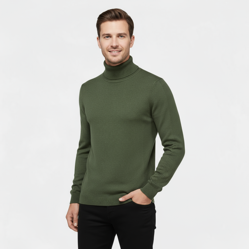 Men’s Ribbed Cotton-Blend Turtleneck Sweater – Slim Fit Knit Jumper with Stretch