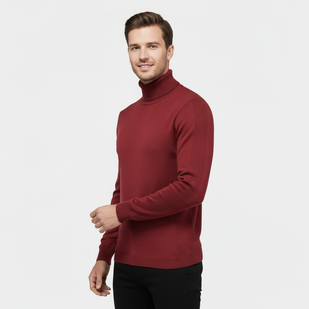 Men’s Ribbed Cotton-Blend Turtleneck Sweater – Slim Fit Knit Jumper with Stretch