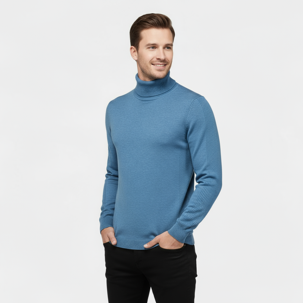 Men’s Ribbed Cotton-Blend Turtleneck Sweater – Slim Fit Knit Jumper with Stretch