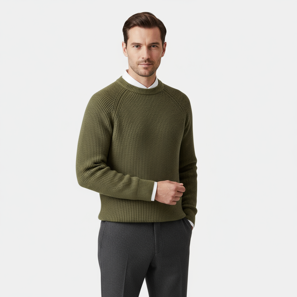 Men’s Merino Crew Neck Sweater – Raglan Sleeve Rib-Knit Jumper