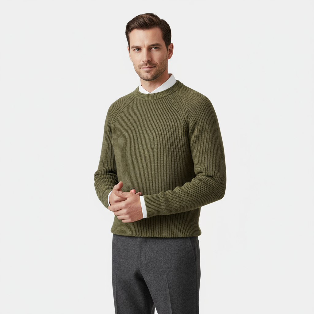Men’s Merino Crew Neck Sweater – Raglan Sleeve Rib-Knit Jumper