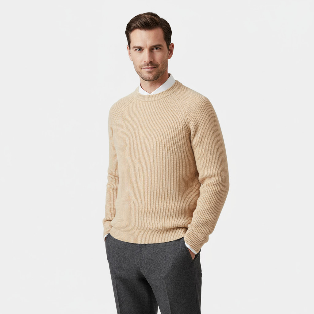 Men’s Merino Crew Neck Sweater – Raglan Sleeve Rib-Knit Jumper