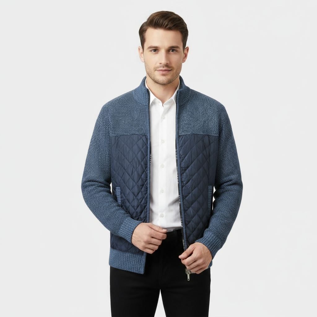 Men’s Hybrid Quilted Knit Jacket – Marled Knit and Nylon Zip Jacket