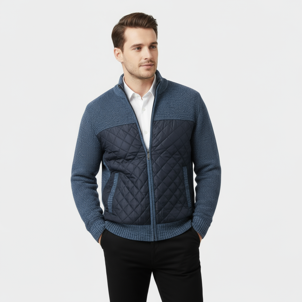 Men’s Hybrid Quilted Knit Jacket – Marled Knit and Nylon Zip Jacket