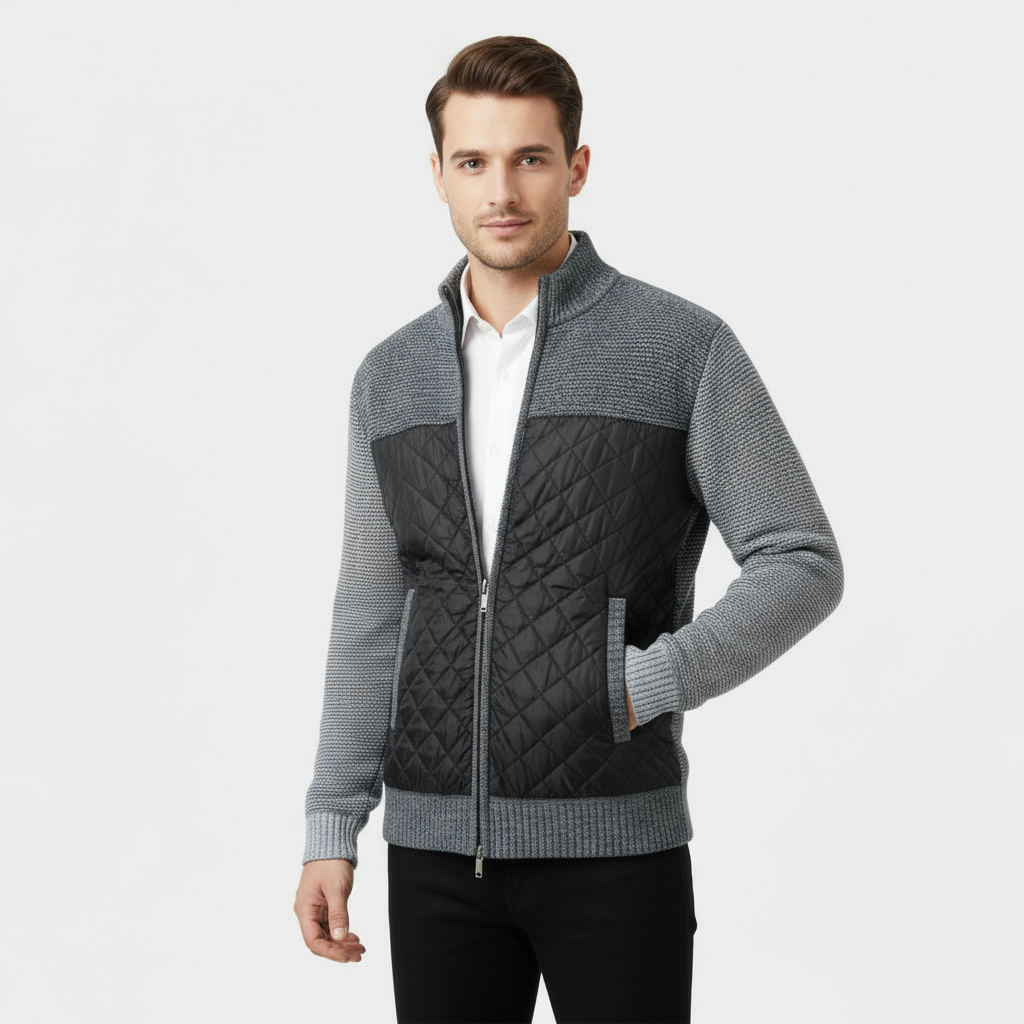 Men’s Hybrid Quilted Knit Jacket – Marled Knit and Nylon Zip Jacket
