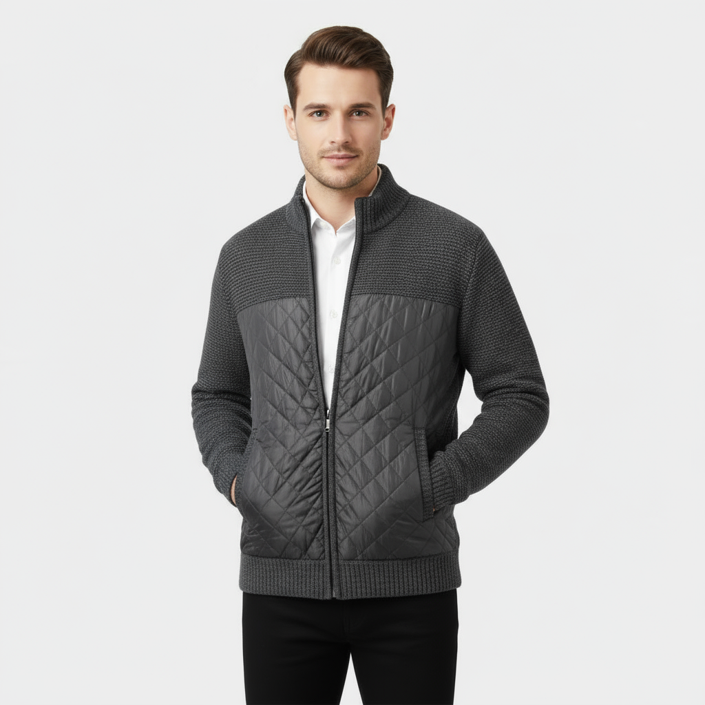 Men’s Hybrid Quilted Knit Jacket – Marled Knit and Nylon Zip Jacket